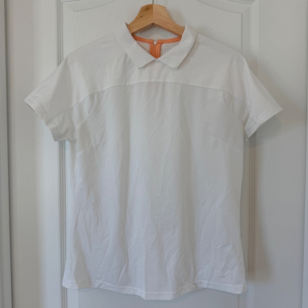 FootJoy Womens White Golf Polo Shirt Peach Back Zip Short Sleeve Size M